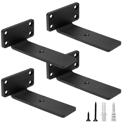 HITOMEN Heavy Duty Floating Shelf Brackets, 5-Inch (1/5'' Thick) Hidden Shelves Hardware, Iron L Brackets, Rustic Industrial Black Metal Wall Shelving Supports, 4 Pack by HITOMEN - Used condition - US$17.60