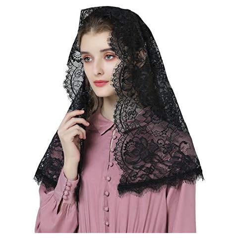 BEAUTELICATE Damen Mantilla Schleier Spitze Kapelle Katholisch Schleier Schal Stola Kopfbedeckung Spitze Schwarz Weiß Cover