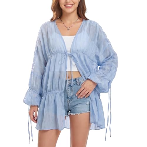 Yioaga Womens Swimsuit Coverup Flowy Ruched Bell Sleeve Beach Cover Up Tops Summer Casual Long Chiffon Front Tie Cardigan(Blue,M)