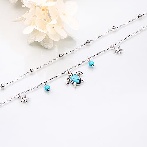 Image of Ladytree S925 Sterling Silver Boho Beach Double Layer Anklets Bracelet for Women Adjustable 9 to 11 inches
