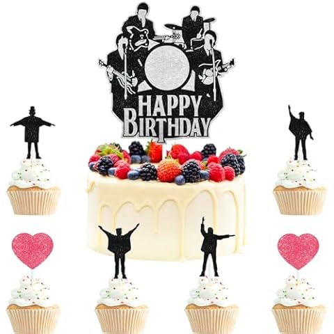 Rock Band Themed Happy Birthday Cake Toppers 7-Piece Set - 80s rock music themed party, birthday party, concert party decorations that both boys and girls will love - LIANGSS Cover