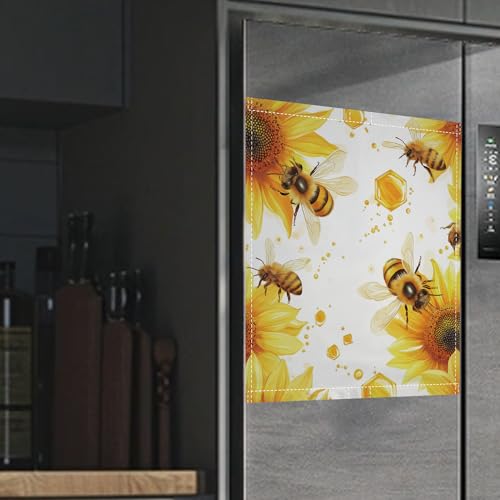 Image of Bees Flying Dishwasher Magnets Decorative Cover,Sunflowers Magnet Fridge Panel Decal for Home Kitchen Decor,23x26 in
