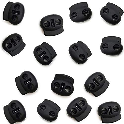 Cerradura de Cordón con Resorte para Cordones 50 Piezas Agujero de 5 mm Cierre de Extremos de Cuerda de Doble Agujero de Plástico Negro Deslizador de Tapón Botón Alargado para Mochilas, Manualidades Cover