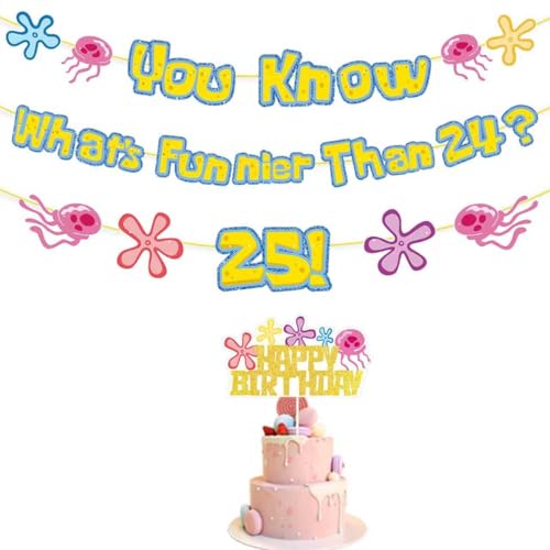 Yellow Glitter 25th Birthday Banner & Cake Topper Set – Funny “What’s Funnier Than 24?” Quote Decorations for Party, Fireplace, Cake, Perfect for Friends or Family