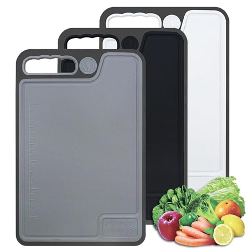 Chopping Board Set, Plastic Chopping Boards with Juice Grooves and Non-Slip Feet & Easy-Grip Handles, BPA-Free Non-Porous