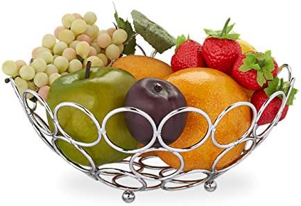Relaxdays Fruit Bowl, Modern Basket, for Fruits, Vegetables & Bread, Round, Kitchen Storage, Metal, 9 x 22.5 cm, Silver