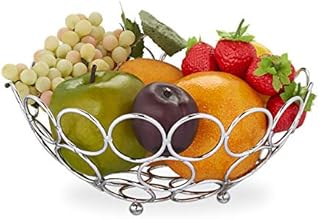 Relaxdays Fruit Bowl, Modern Basket, for Fruits, Vegetables & Bread, Round, Kitchen Storage, Metal, 9 x 22.5 cm, Silver