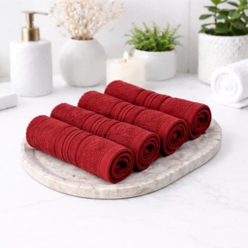 Image of Cotton Face Towel Pack of 4, 100% Cotton Towels, Soft Absorbent Small Gym Towel for Face, 400 GSM Quick Dry Bathroom & Travel Towels Men & Women, 30 x 30 cm, Maroon