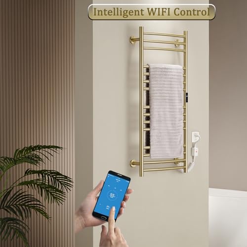 ESOP Badheizkörper Elektrisch Gebürstetes Gold 185W WiFi Handtuchheizkörper Elektrisch 110 * 60cm Heizkörper Heizung Digitalanzeige Handtuchwärmer 15 Gebogene Stäbe 304 Edelstahl Handtuchtrockner