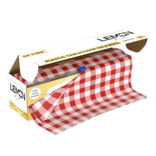LEMON + Co. Red Gingham Premium Plastic Tablecloth...