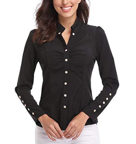 Wudodo-Damen-Langarmshirt-Bluse-fuer-Damen-Hemd-mit-Knoepfen-Figurbetonte-Hemdbluse-Business-Oberteil-Arbeithemden