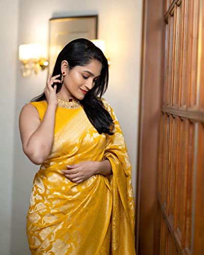 Image of Flosive Women's Present Banarasi Soft Lichi Silk Saree Beautiful Jacquard Rich Pallu Design Work Zari Woven Kanjivaram Silk Style Saree With Soft Lichi Silk Blouse Piece (Yellow).