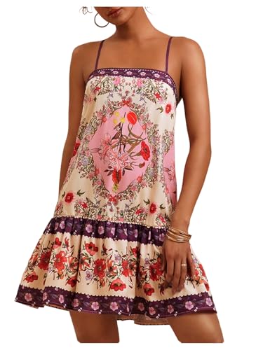 Image of RoseSeek Women's Floral Boho Flowy Mini Cami Dress Ruffle Hem Spaghetti Strap Vacation Tank Dresses