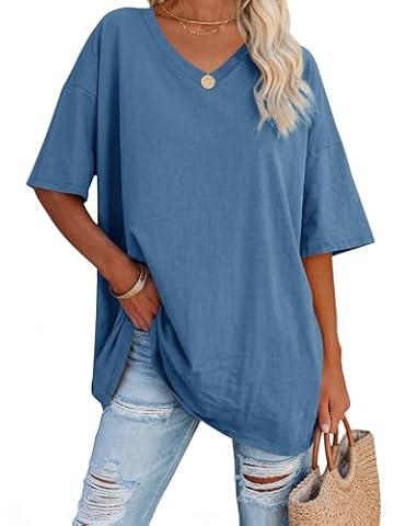 Ebifin Damska koszulka oversize, dekolt w serek, z krótkim rękawem, luźna, basic, na lato, na lato., szaro-niebieski, XL