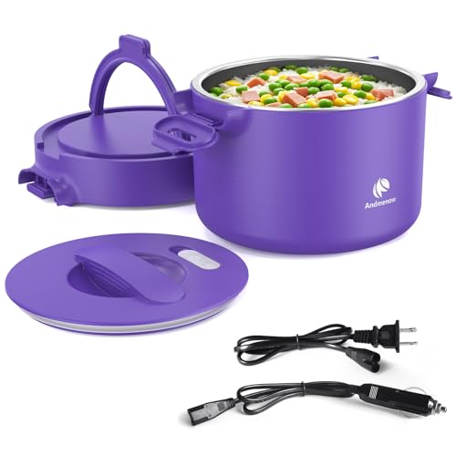 Andmenow Portable Electric Lunch Box, 33 Ounce Food Warmer Cooker,12/24/110V Upgraded Heated Lunch Box for Car/Truck/Office Ideal Men & Women's Gifts,Warming Soup,Meal,Spill-Free,100W (Purple)