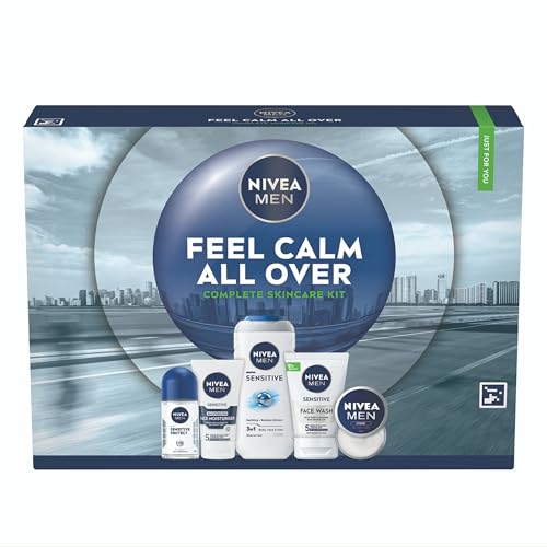 NIVEA MEN Feel Calm All Over Skincare Gift Set (5 Products) - Men Gift Set for Sensitive Skin - Includes Shower Gel Face Wash Face Moisturiser Creme and Anti-Perspirant