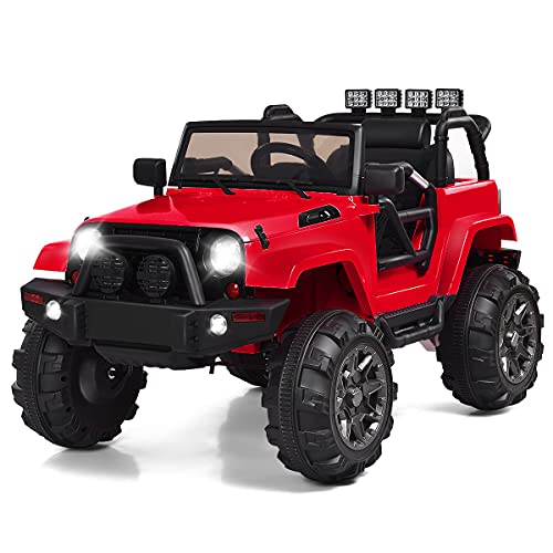 COSTWAY 12V Kinderauto mit 2,4G-Fernbedienung, Elektroauto mit MP3, Musik, Hupe und Scheinwerfer, Jeep Auto 3-6 km/h, Kinderfahrzeug für Kinder von 3-7 Jahren (Rot)