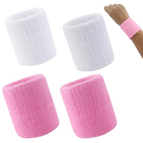 4 Pcs Serre Poignets Wristbands pour Sports Sweatbands Absorbants pour Foot-Ball Basket-Ball Sport Athlétique Fonctionnement(Rose et Blanc