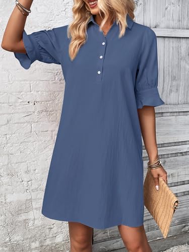 Image of FENSACE Womens Casual Shirt Dress Ruffle Sleeve Button Down Shift Summer Dresses with Pockets