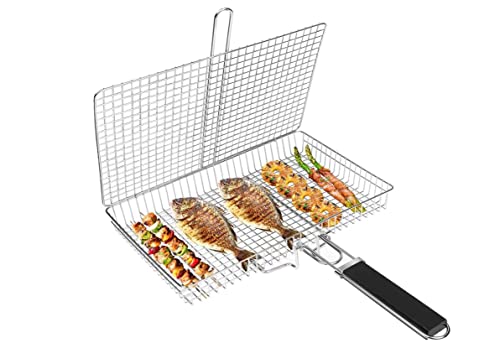 Upgrade Deepen Portable BBQ Grill Basket, Stainless Steel Fish Grill Basket with Removable Handle, Perfect for Grilling Steak, Salmon, Vegetabl