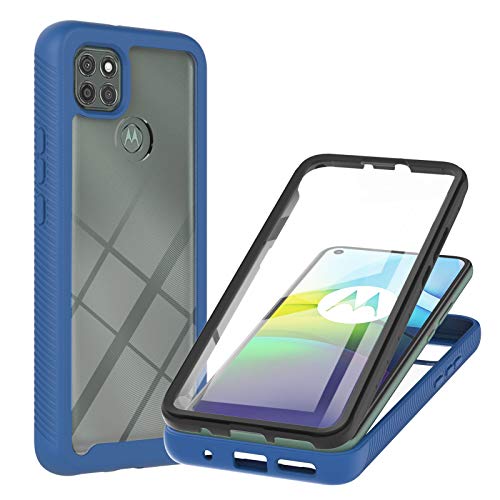 Ssenlin Heavy Duty Clear Case with Screen Protector for Motorola Moto G9 Power, Hybrid Shockproof Armor Dual Layer Rugged Full Body Protective Bumper Cover Case, Blue