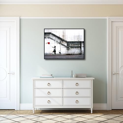 Wieco Art Framed Canvas Wall Art Giclee Canvas Prints of Banksy Grafitti Girl with Red Balloon Abstract Artwork for Wall Decor Home Decorations Black Frame by Wieco Art - Used condition - Image 2