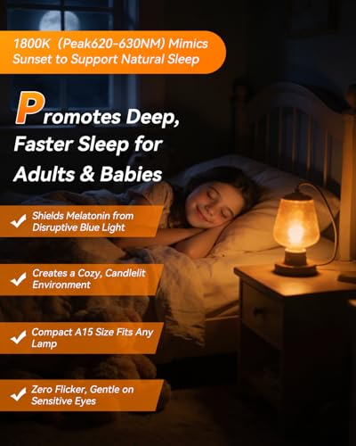 Image of 1800K Amber Sleep Light Bulbs, 99.96% Blue Light Blocking, A15 6W(40 Watt Equivalent) Soft Warm Light Bulbs, Eye-Caring Amber Soft Yellow Night Light E26 for Bedroom, Reading, Baby Nursery, 6 Packs