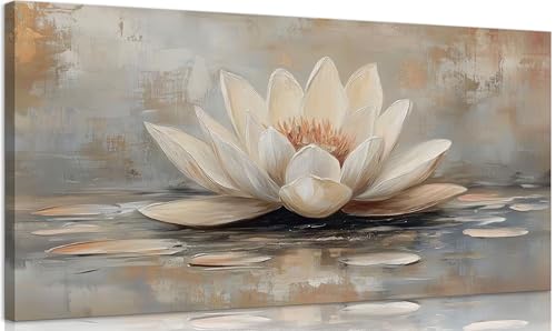 Zen Canvas Wall Art White Lotus Floral Bloom In Water Picture Wall Decor Lotus Poster Print Artwork for Yoga Spa Meditation Spiritual Room Bathroom Living Room Office