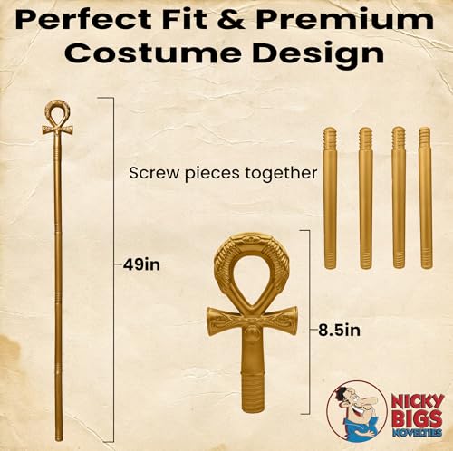 Nicky Bigs Novelties Gold Ankh Staff - Pharaoh Anubis King Tut Scepter - Egyptian Cane Cosplay Halloween Costume Prop, Gold, One Size