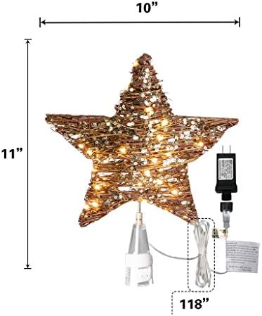 Vanthylit Christmas Tree Topper Pre Lit Tree Star Topper Light up Rattan Natural Star Treetop Mains Powered with 40 Warm White LEDs Xmas Tree Decorations for Christmas New Year Holiday Home decor