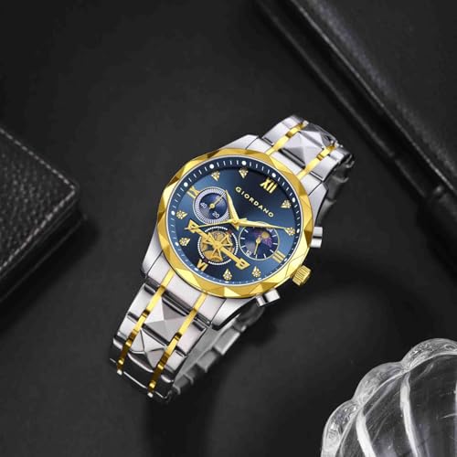 Image of Giordano Chronograph Analog Quartz Watch for Men with Round Dial, Multifunction Subdials, Sun Moon Display, Crystal Hour Markers, Roman Numerals, Stainless Steel Strap - GZ-50236