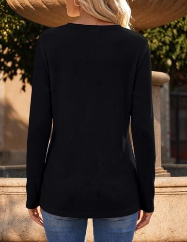 Zeagoo Waffle Knit Tops for Women 2026 Fall Basic V Neck Blouses Dressy Casual Long Sleeve Tunic Tops S Black — view 3