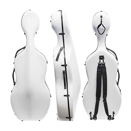 MI&VI CC-7002 Classic Carbon Fiber Composite Cello Case (Full Size) 4/4 with Wheels | Carry Straps | 11.5lb Lightweight | Tough Shell (White)
