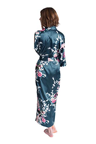 Old Shanghai Women's Kimono Long Robe - Peacock & Blossoms - Lapis Blue (on-Seam Pocket)