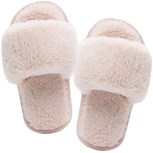 Boys Girls Open Toe Fuzzy Slippers Soft Plush Fluffy Fur Slide Sandals Leopard Rainbow House Home Slip On Indoor Outdoor (3-3.5, White, numeric_3) by Eichzhushp - Used condition - CA$13.55