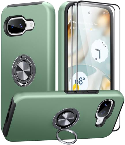 AOUIA for Google Pixel 9A Case with 2-Pack Screen Protector 3-in-1 Set Cover 360Rotating Metal Ring Stand Anti-Scratch Shockproof Phone Case for Google Pixel 9A 6.3 Green