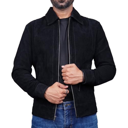 Image of Mens Polo Collar Zipper Suede Shirts Long Sleeve Shacket Suede Trucker Jacket Real Suede Leather Shirt