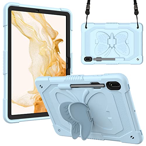 Kids Case for Samsung Galaxy Tab S10 Lite/ S10 FE 2025/ S9 FE 10.9 Inch/ S9 11 Inch 2023 Shockproof Sturdy Butterfly Wings Stand Cover with Shoulder Strap for Girls Blue