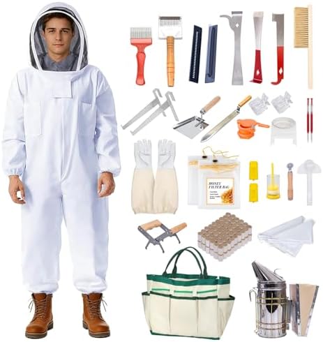 POLLIBEE 35Pcs Beekeeping Supplies Starter Kit with Bee Suit,Smok...