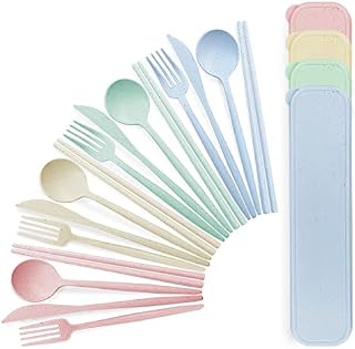 TWUTGAYW Camping Cutlery for 4, Cutlery Travel Set with Case, Multicolor Reusable Plastic Cutlery Include Spoon Fork Knife Chopstick for Camping Picnic Office School Daily Use