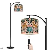 Arc Floor Lamp Leopard Jungle Animal Boho Leaf Leopards Peacocks Tropical Leaves Pink Dimmable Modern Standing Lamp with Remote Adjustable Drum Shade Footswitch Tall Pole Lamp for Living Room Bedroom