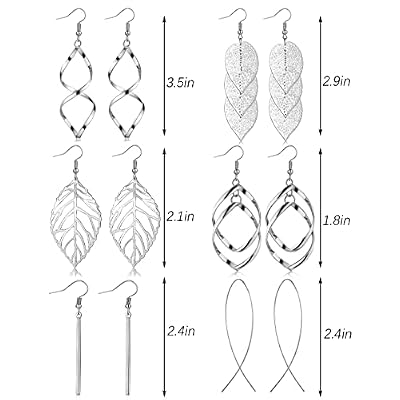 FUNEIA 6 Pairs Drop Dangle Earrings for Women Long Bar Double Twist Wave Curved Threader Cut Out Leaf Lightweight Earrings Set
