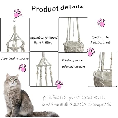 kathson Macrame Cat Hammock with Cushion,Handwoven Cats Bed,Hanging Indoor Boho Kitten Swing Beds for Playing Sleeping Climbing and Lounging(XL)
