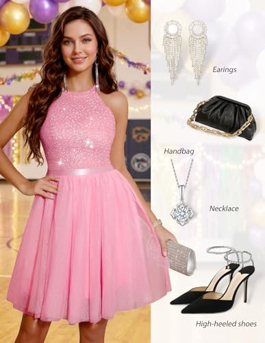 Image of Dressystar Women's Sequin Short Prom Dress Sparkly Halter Tulle Cocktail Party Homecoming Dresses
