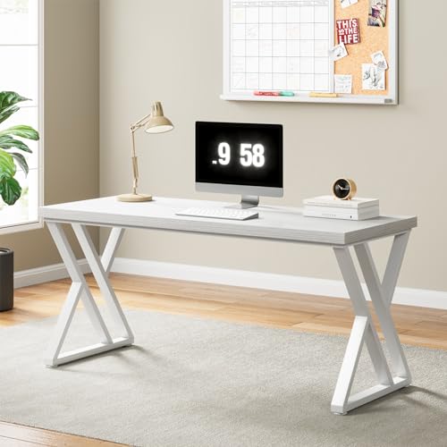 Image of Tribesigns Writing Computer Desk, 55 inch Heavy Duty Study Desk with Z-Shaped Metal Leg, Modern Simple Home Office Computer Desk, White
