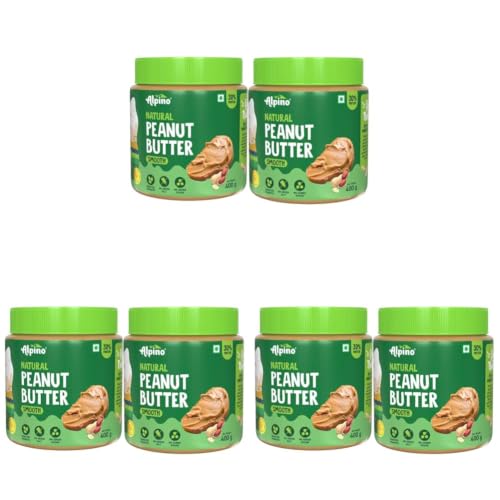 Image of ALPINO Natural Peanut Butter Smooth 800g (400g x 2) - 100% Roasted Peanuts, 30g Protein, No Added Sugar & Salt, Gluten-Free, Unsweetened | Seen on Shark Tank India (Pack of 3)
