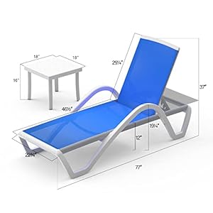 Domi Patio Chaise Lounge Chair Set of 3Outdoor Aluminum Polypropylene Sunbathing Chair with Adjustable BackrestArmSide Tablefor BeachYardBalconyPoolside2 Blue Chairs WTable