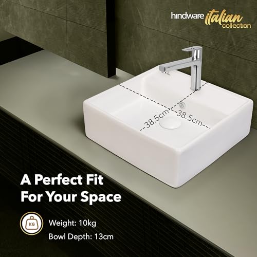 Image of Hindware Italian Collection Inox Table Top Wash Basin for Bathroom | Made of Ceramic | Star White | Square Shape | Over the Counter Basin