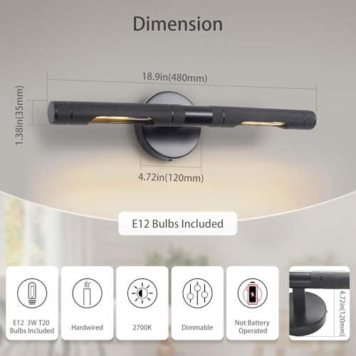 Image of Knurled Black Picture Light for Wall,19 Inch Hardwired Wall Lights for Pictures,Rotatable 360 Modern Gallery Light for Living Room Bathroom Study Room E12 Bulbs Included (BLACK-19inch)