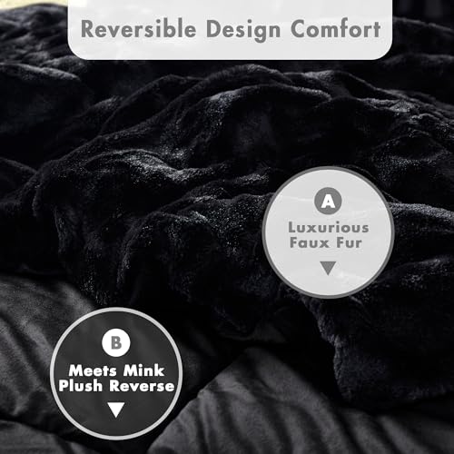 Image of Madison Park King Comforter Set Reversible Faux Fur Elegance with Soft & Plush Mink-Like Reverse, Heavyweight 6D Overfilled Warm & Fluffy Comforter for King Size Bed, Gia, King /Cal King Black 3 Piece